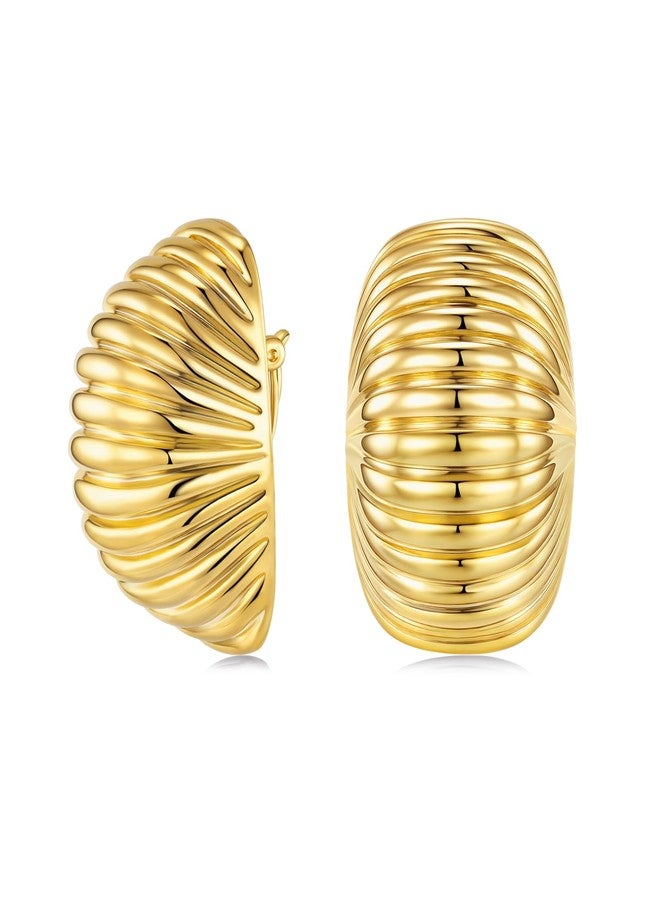 Sngia Large 18K gold plated Chunky Clip on Statement Earrings for Women, Bold Handmade Exaggerated Trendy Seashell Ribbed Jewelry Gifts, Curved Half Circle Textured Summer Beach Fashion Earrings Accessories, Big Vintage Irregular Hammered Thick Circular Nickle Free Cuff Huggie Earrings. - Image 1